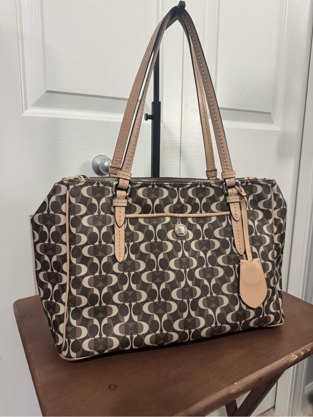 Coach Brown Signature Canvas Shoulder Bag with Tan Leather Trim